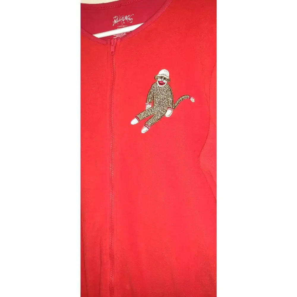 Nick & Nora Footie Fleece Red Pajamas Size Large SOCK MONKEY Zip Up Footed PJs